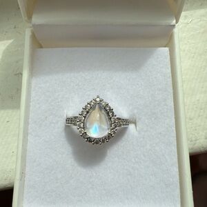Elegant 14K White Gold Moonstone & Diamond Halo Ring Sz6